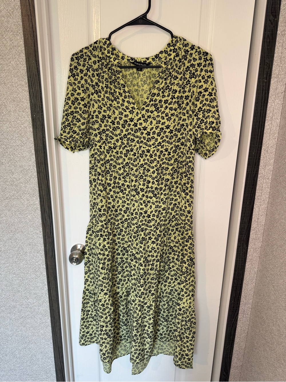 Whistles Yellow Floral V-Neck Midi Dress with Black Print